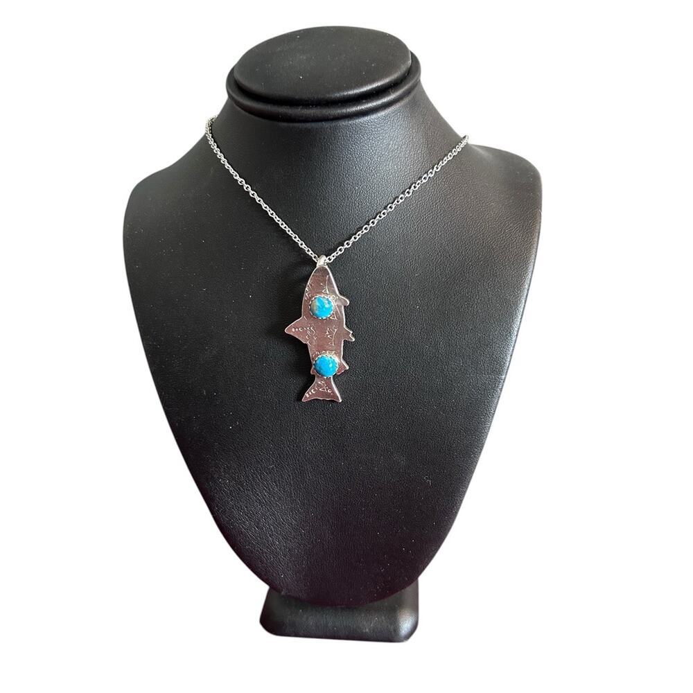 Silver Trout Fish Hand Stamped Pendent On A Chain Kingman Turquoise Necklace New